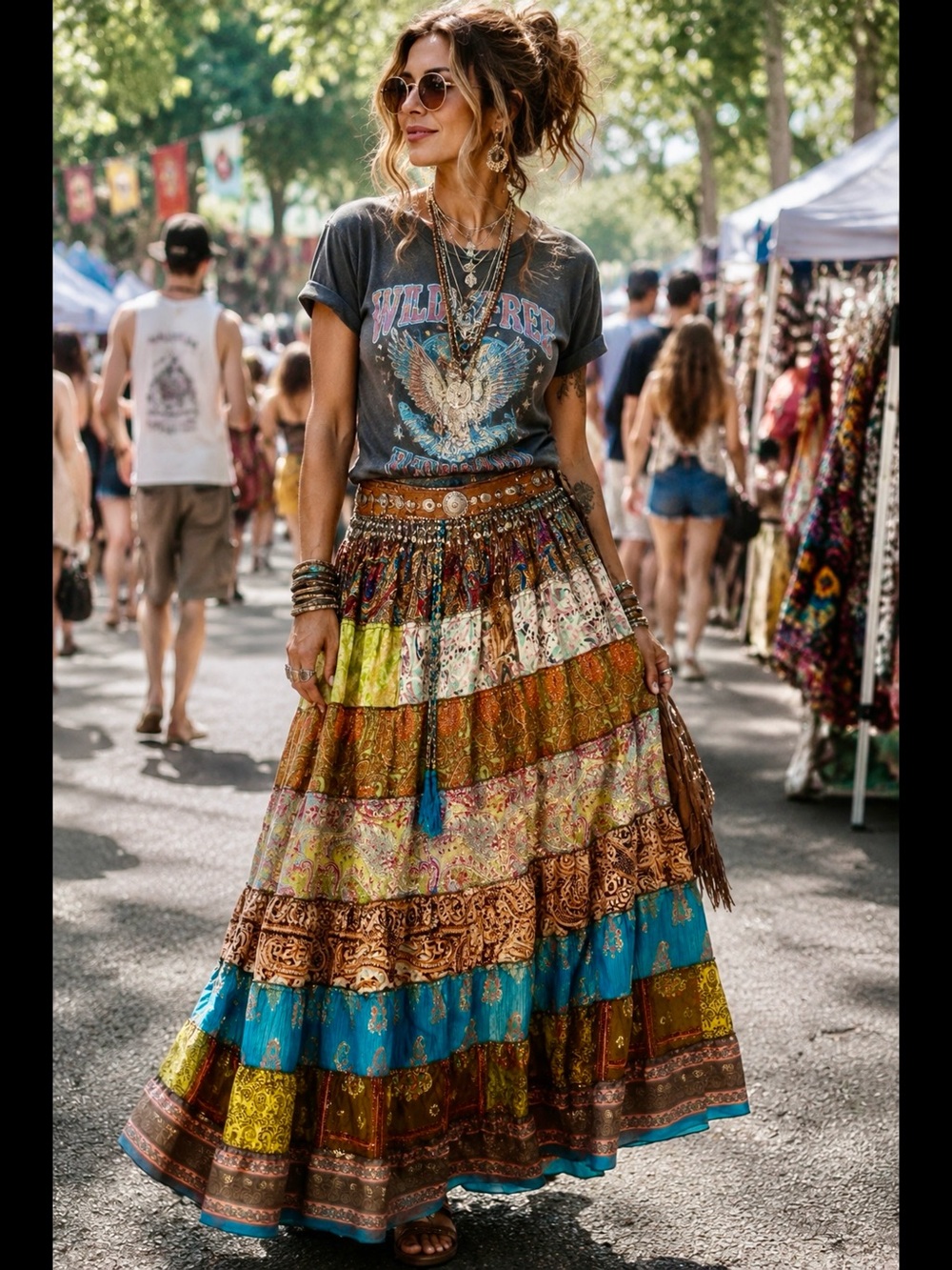 Bohemian Patchwork Tiered Maxi Skirt - Multicolor- NWOT